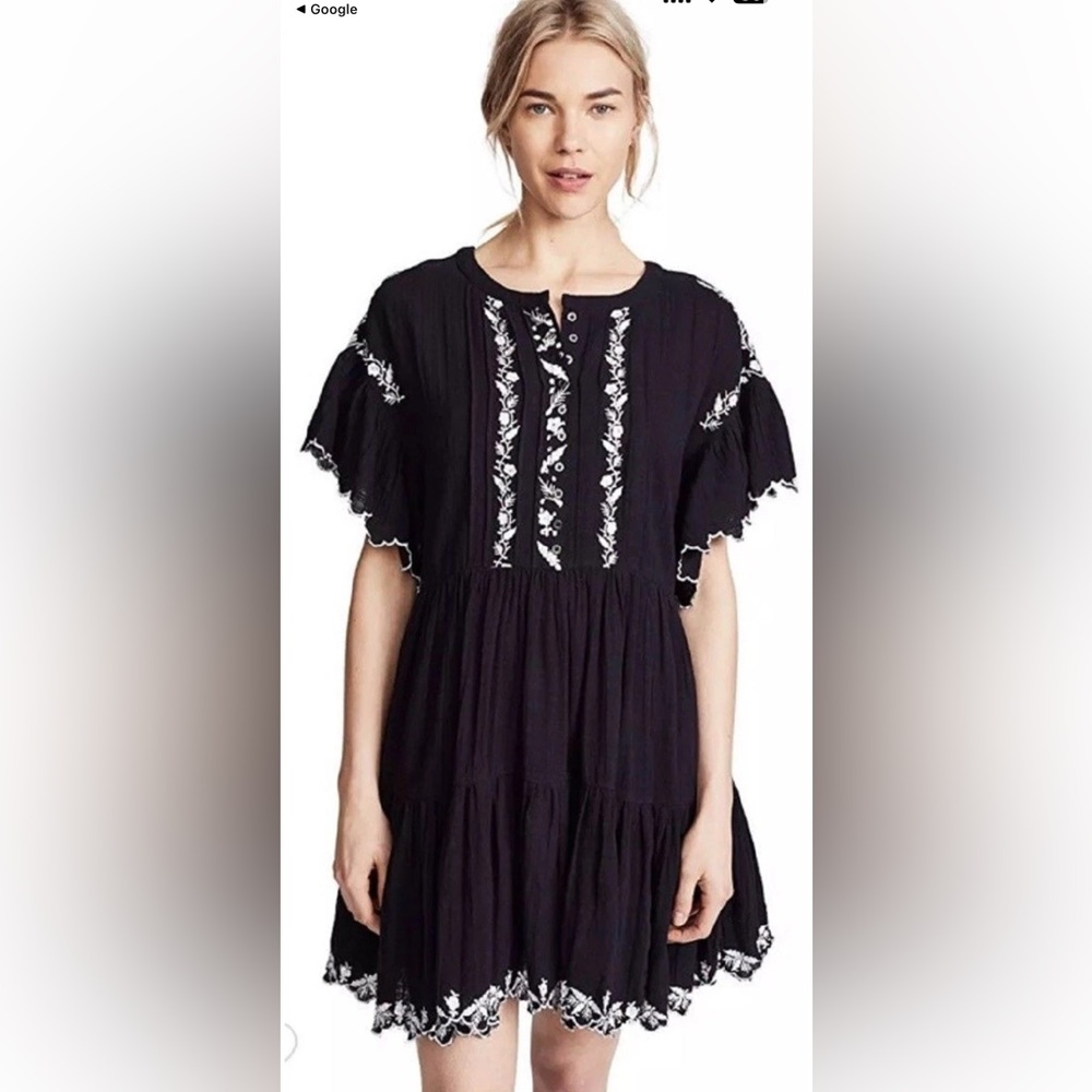 FREE PEOPLE Santiago Mini Dress Gauze Embroidered Cotton Black xS